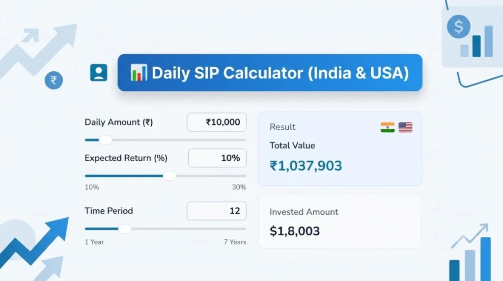 Daily SIP Calculator tool preview interface with currency selection for India and USA