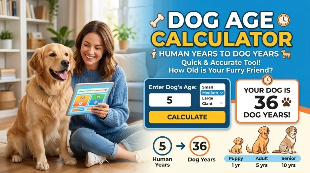 Dog Age Calculator graphic showing conversion from human years to dog years.